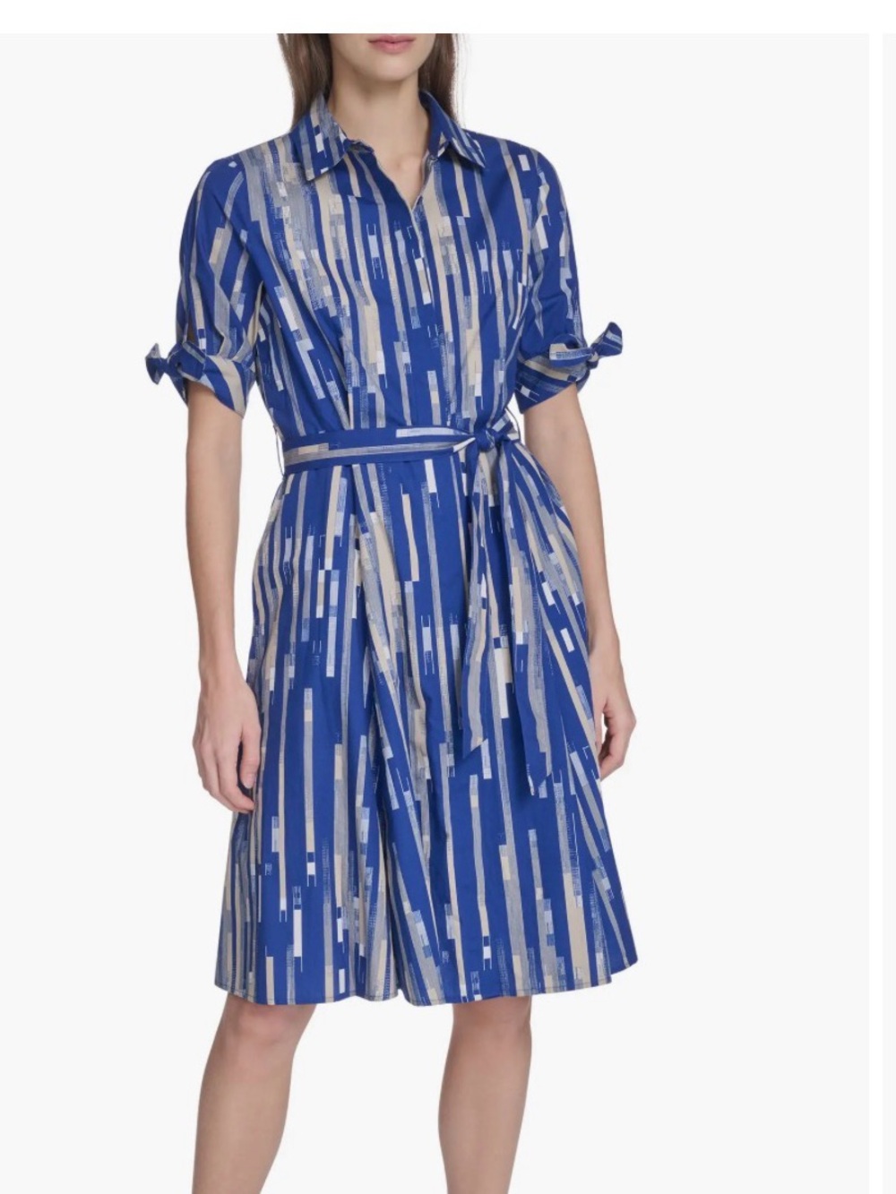 Calvin Klein Blue and Silver Printed Tie-Waist Shirt Dress